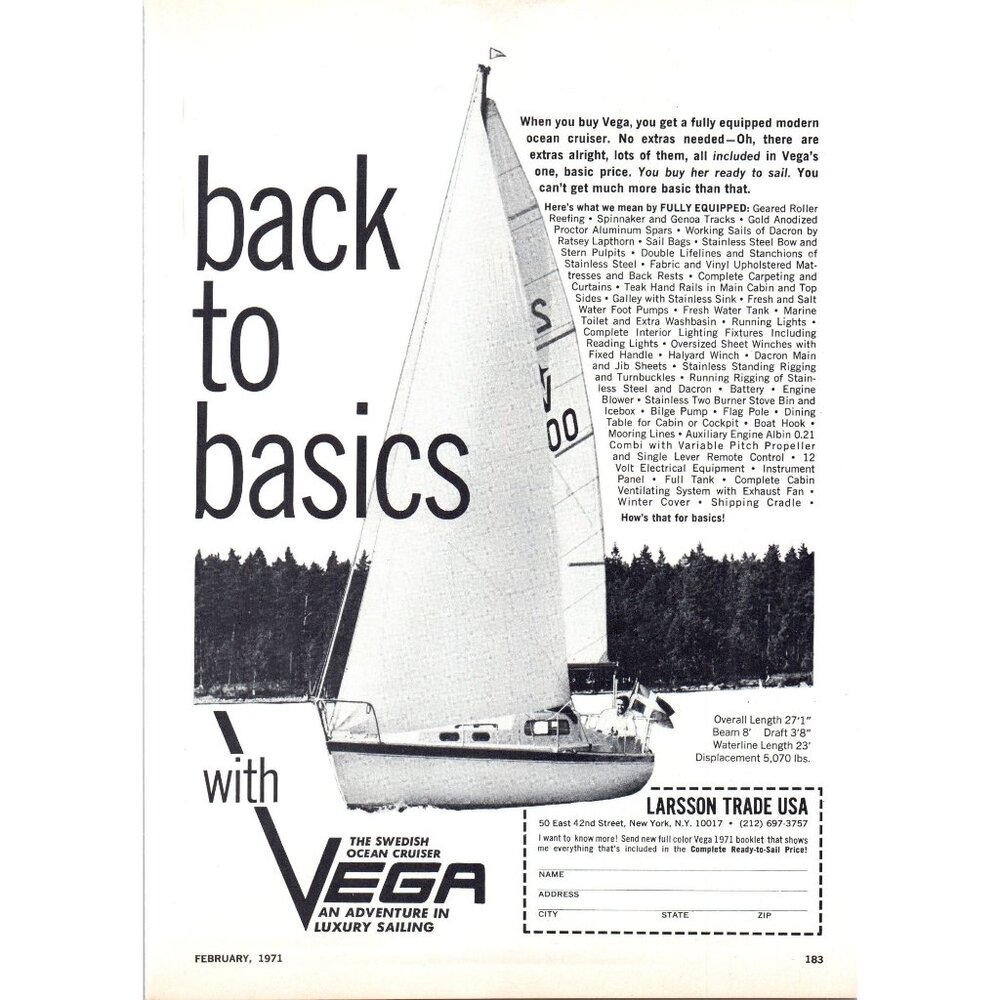 1971 Vega 27 Sailing Yacht Back to Basics Vintage Print Ad Nautical Wall Art